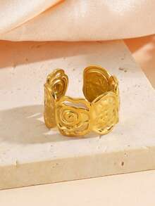 1/2pcs 18k Stainless Steel Gold-Plated Hammered Flower Open Ring, Gold/Silver Color, Suitable For Women's Daily Wear Or As A Gift - Multicolor - View 6