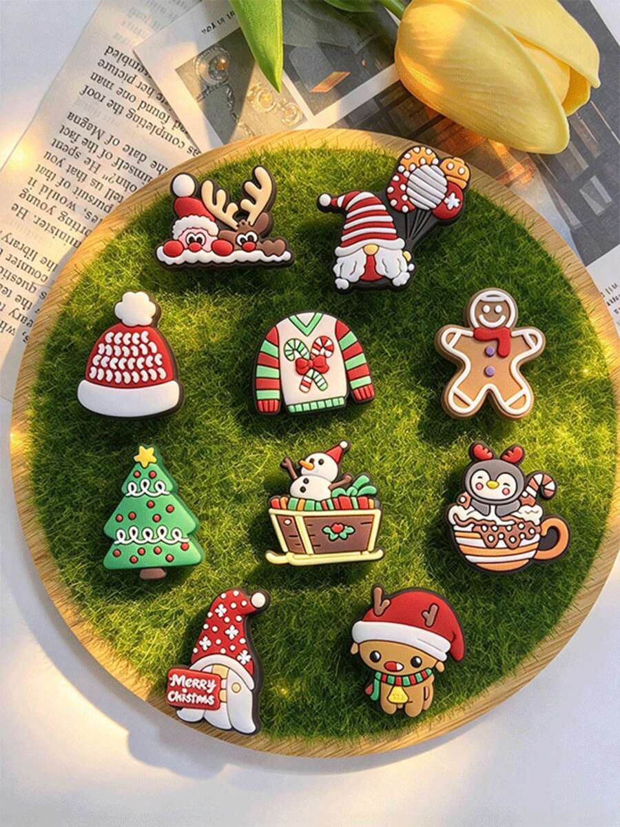 10PCS Christmas Snow Gift Theme PVC Clog Charms, Festive Snowflake Gift Shoe Decorations For Holiday Fans, Decoration Pins For Clog, Party Favor Gifts
