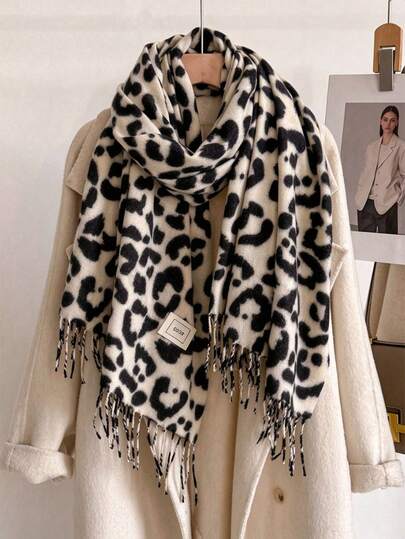 1pc Leopard Print Autumn/Winter Fashion Striped Plaid Fleece Warm Women's Thick Dark Brown Wool Scarf, Warm Acrylic Scarf, Faux Cashmere Texture, Bohemian Casual Windproof Couple Shawl, Comfortable Blanket Scarf, Suitable For Daily Wear And Styling