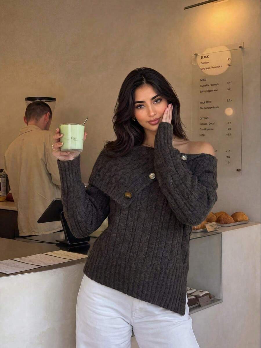 Fashionable Women's Button-Off-Shoulder Cable Knit Sweater, Long Sleeve Regular Pullover, With A Unique Asymmetrical Split Hem, Suitable For Winter - Brown - View 1