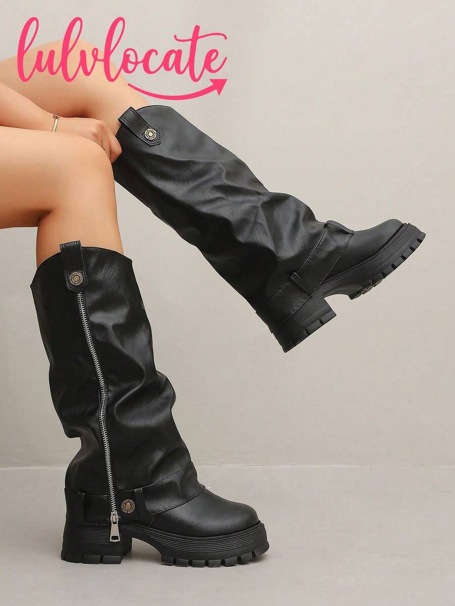 Women's Tall Riding Boots With Side Zipper, Round Toe, Metal Stud Buckle, Faux Leather, Thick Sole Chunky Heel, Gothic Combat Boots, Suitable For Concerts, Parties, Walking