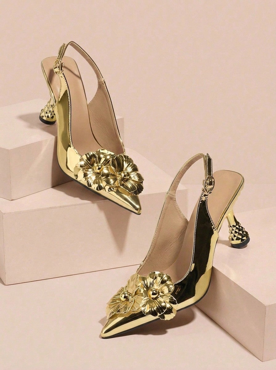Amorya 2024 Spring/Summer New Backless Floral Stiletto Heels Strap Slingback Sandals, Sweet Mid-Heel Women Shoes