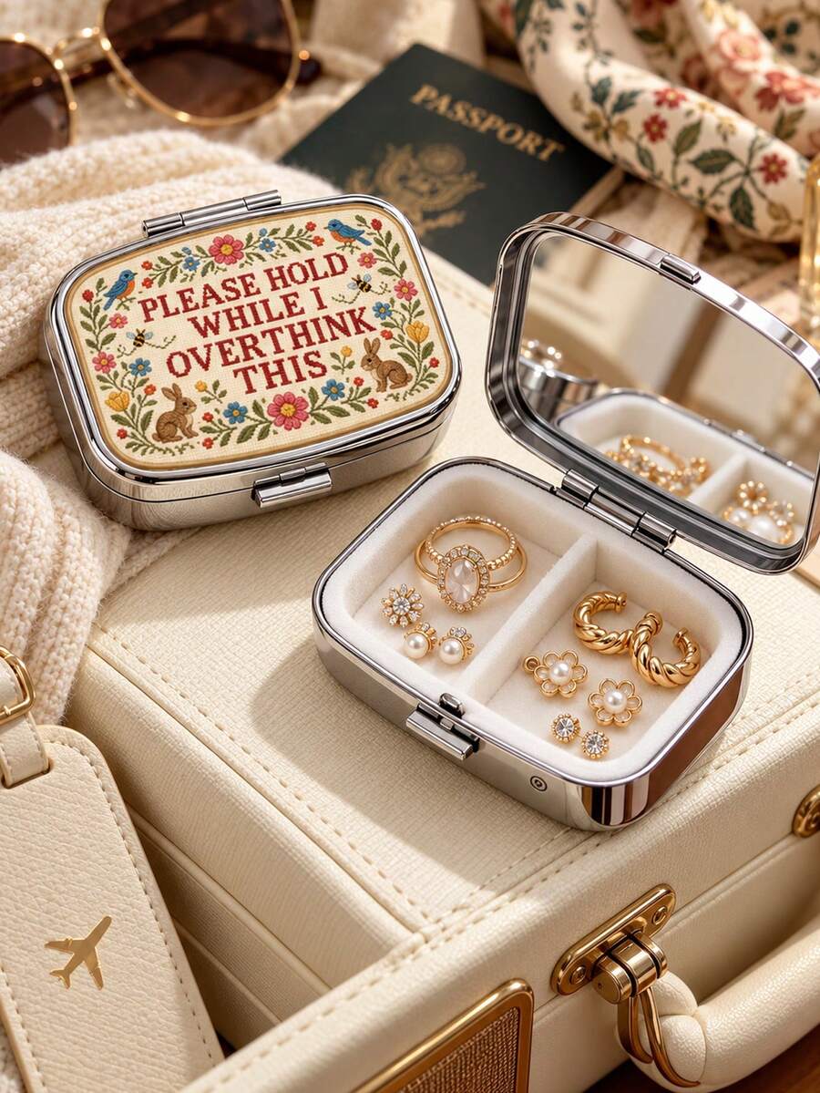 Embroidery Effect 2D Flat Pattern Pill Box With "Anxiety But Making It Cute" Lettering, Funny Bee Vitamin Box, Mental Health Awareness Gift, Small Jewelry Storage Box, Weekly Medication Organizer, Suitable For Daily Medication And Vitamins, Emergency Needs, Travel, Hiking Emergency Rescue, Unique Gift Choice For Halloween And Christmas - Multicolor - View 1