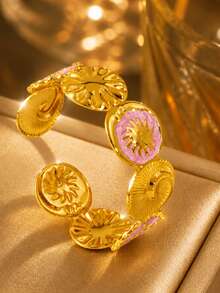 VceTd 1pc Fashionable Vacation Style Stainless Steel Women's Bracelet With Sun Turbine Design, Suitable For Daily Wear Or Travel And Vacation - Yellow Gold - View 1