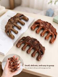 1pc Wooden Scalp Massage Comb, Carved Lotus Koi Fish Wide Tooth Comb, Wood Head Massager For Scalp Care, Anti-Static, Gift Box Included, Gift For Women - Brown - View 8