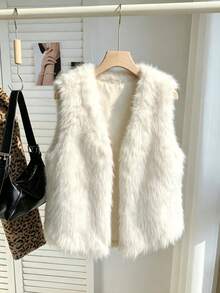 Women's Apricot Faux Fur Vest, Suitable For Autumn/Winter Warm Outerwear - Apricot - View 1