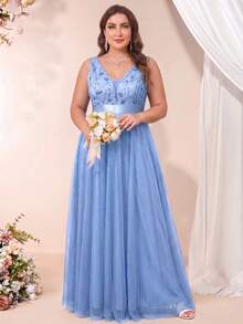 XUCTHHC Plus Size V-Neck Sleeveless Floral Embroidered Sequin Mesh A-Line Blue Bridesmaid Dress, Elegant Party Evening Gown, Suitable For Wedding Guests, Autumn - Baby Blue - View 11