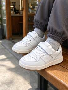 Unisex Kids White Sneakers, Hook And Loop, Breathable Perforated, Campus Daily Casual Shoes - White - View 5