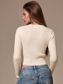Amaris Popular Preppy Vintage Cropped Cable Knit Cardigan, Cream White Crew Neck Button Front Knit Top For Women - Apricot - View 3