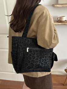 Women's Leopard Print Faux Suede Tote Bag, Large Capacity With Front Zipper Pocket Shoulder Handbag, Casual Multi-Pocket Commuter Shopping Bag, Suitable For Daily Use. - Black - View 3