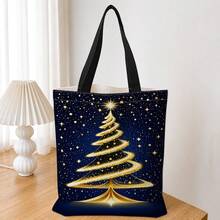 1pc Canvas Tote Bag, Reversible With Gold Christmas Tree, Star, Snowflake Digital Print, Reusable, Suitable For Daily Travel, Storage, Shopping, Christmas, Party, Holiday, Painting, Gift-Giving, Casual Outings - View 10