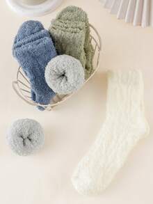 5 Pairs Random Unisex Fuzzy Solid Color Cable Knit Warm Mid-Calf Socks For Home Floor - Multicolor - View 1