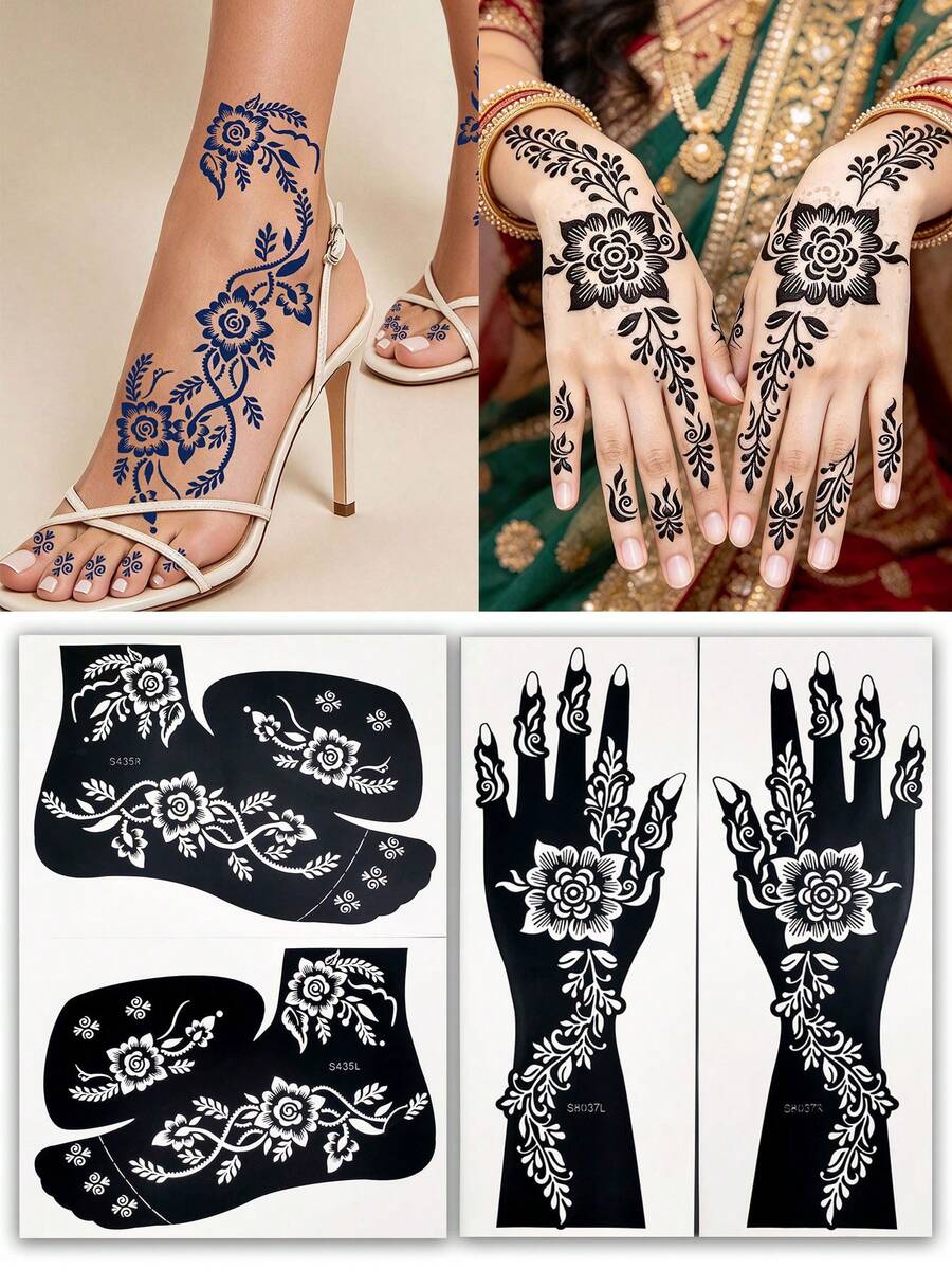 4pcs Reusable Henna Tattoo Stencil Set, Symmetrical Hand & Foot Mehndi ...