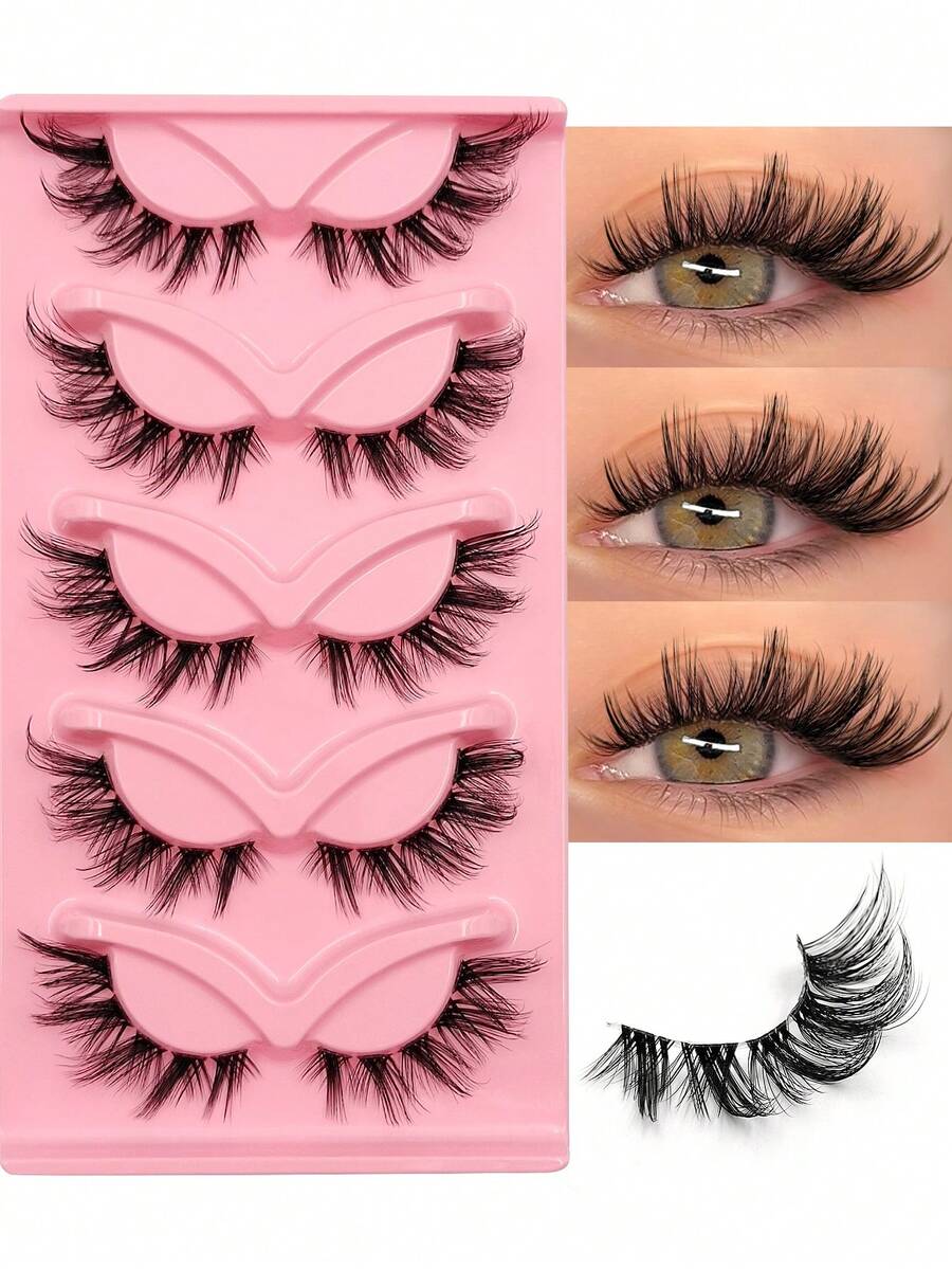 Asiteo 5 Pairs Cat Eye Lashes Natural Look Wispy Lashes Eye End Elongated Strip Thick False Eyelashes, Dramatic And Lightweight For Comfortable Wear - Perfect For Beginners, Party, Travel, And Everyday Use - Black - View 1