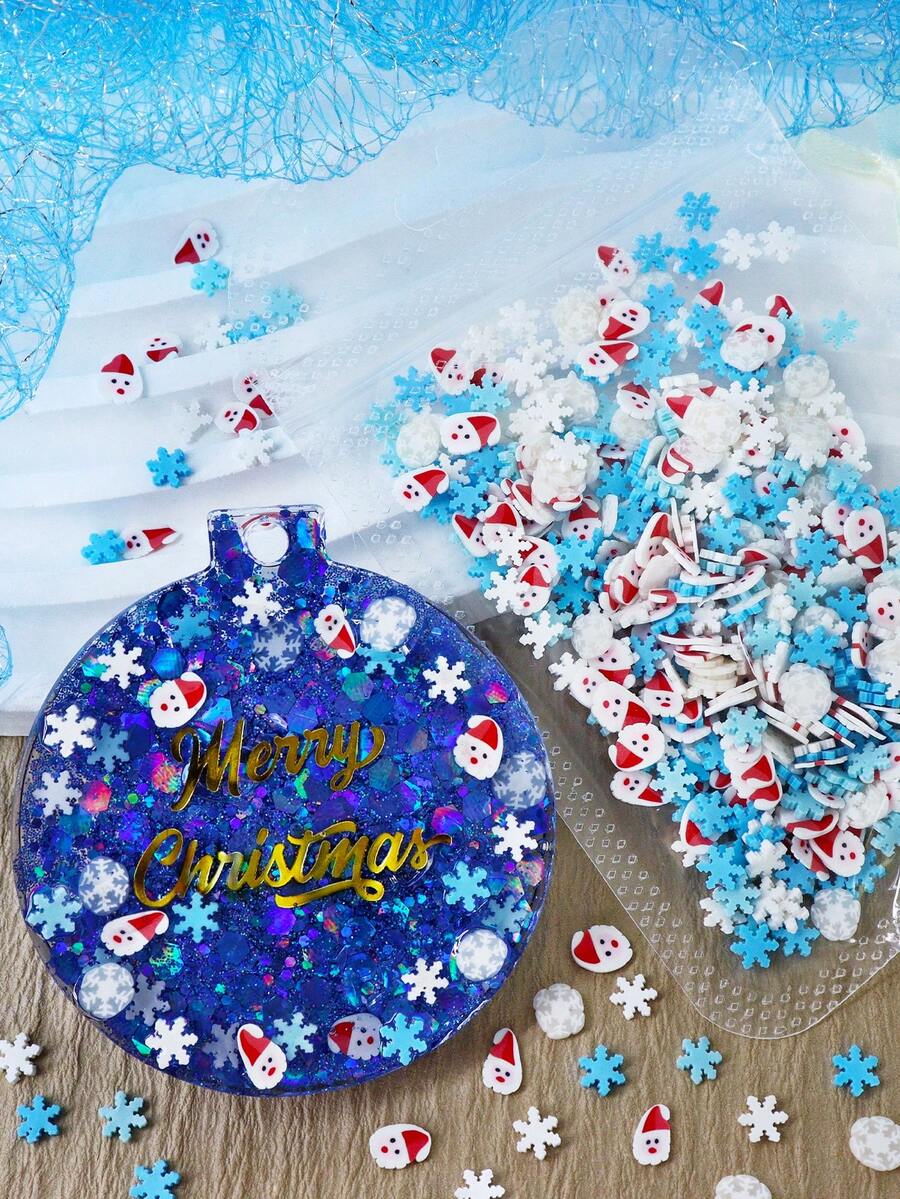 1包混合聖誕雪花樹脂填充軟黏土片－紅帽子聖誕老人填充材料－適用於矽膠模具填充、聖誕DIY手工藝裝飾、新年手工禮物製作、聖誕樹脂杯墊配件