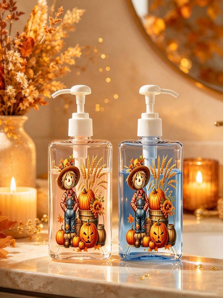 Clear Pumpkin Scarecrow HAPPY FALL Pattern Pump Bottle, Reusable Refillable Autumn Press Dispenser Bottle, Leak Proof Plastic Travel Dispenser Bottle For Hand Soap, Shampoo, Lotion, Makeup Base, Halloween Home Decor, Travel Cosmetic Container - Multicolor - View 1