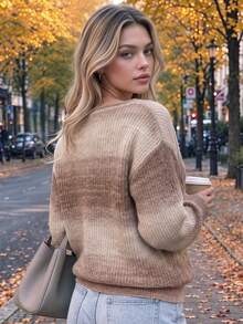 Fall Brown Gradient Knit Sweater For Women Off Shoulder Long Sleeve Cable Knit Loose Soft Knit Tops Casual Autumn Outfits For Women - Multicolor - View 2