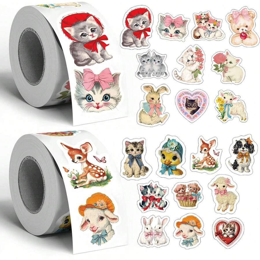 500pcs American Vintage Cute Animal Roll Stickers, 1 Inch Shaped, 10 ...