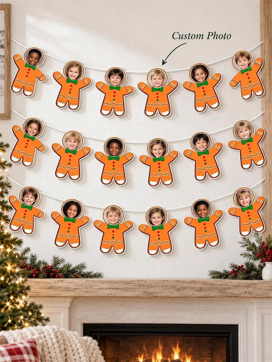 Customized Photo Gingerbread Man Hanging Banner, Personalized Photo Insert Hanging Garland, Christmas Party Fireplace Window Decoration, Holiday Wall Hanging, Holiday Photo Keepsake, Holiday Party Host Seasonal Celebration Decor - Multicolor - View 1