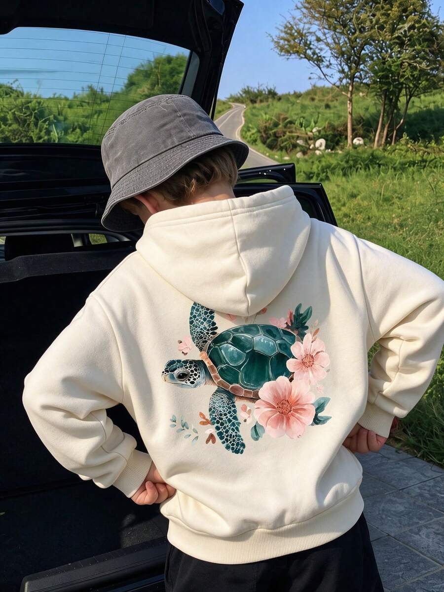 大童男孩長袖連帽衛衣,水彩海龜與花卉背印,秋冬休閒連帽衫 - 杏色 - 查看 1