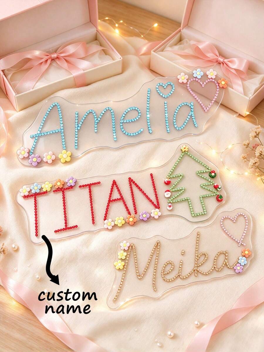 Custom Name Sign, Acrylic Name Plaque With Rhinestone, Personalized Baby Name Sign For Nursery Wall Decor, Custom Gift For Newborn Baby Shower, Handmade Crystal Name Tag - Multicolor - View 1