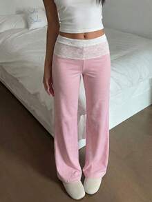 SCARLUX Autumn Y2K Women's Basic Colorblock Striped Wide Leg Pants, Folded Waist Lace Patchwork Loose Long Pants, Pink - Pink - View 3