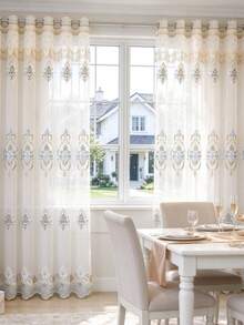 1PC Grommet Top European Style High-End Embroidered Sheer Curtain, Blue And White Wedding Style Vintage Classic Window Sheer For Living Room, Balcony, Bedroom - Multicolor - View 10