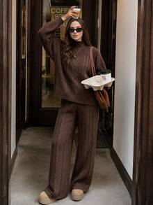 Elva Women's Autumn Lazy Pullover Sweater & Sexy Long Pants 2 Pieces Set, Suitable For Home, Back To School, Commute, Shopping, Holiday - Brown - View 8