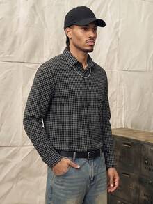 Norleigh Manfinity Mode Men's Resort-Style Red Plaid Single-Breasted Long-Sleeve Shirt Business Casual - Black and White - View 1