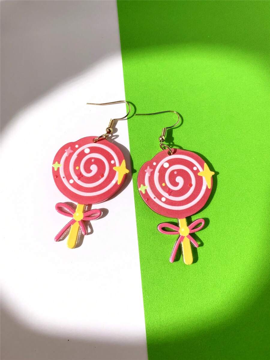 1 Pair Sweet Cute Star Donut Spiral Lollipop Embossed Print Acrylic Earrings, Bow Ribbon, Funky Style Jewelry, Suitable For Party Wear, Gift For Friends - Pink - View 1