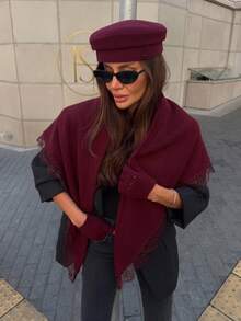 1PC Women's Solid Burgundy Lace Trim Casual Pashmina Triangle Scarf, Campus Fashion Cardigan Cape Shawl, Autumn/Winter Accessory, Suitable For Daily Wear, Christmas Party, Wedding Decor, Holiday Celebration - Multicolor - View 1