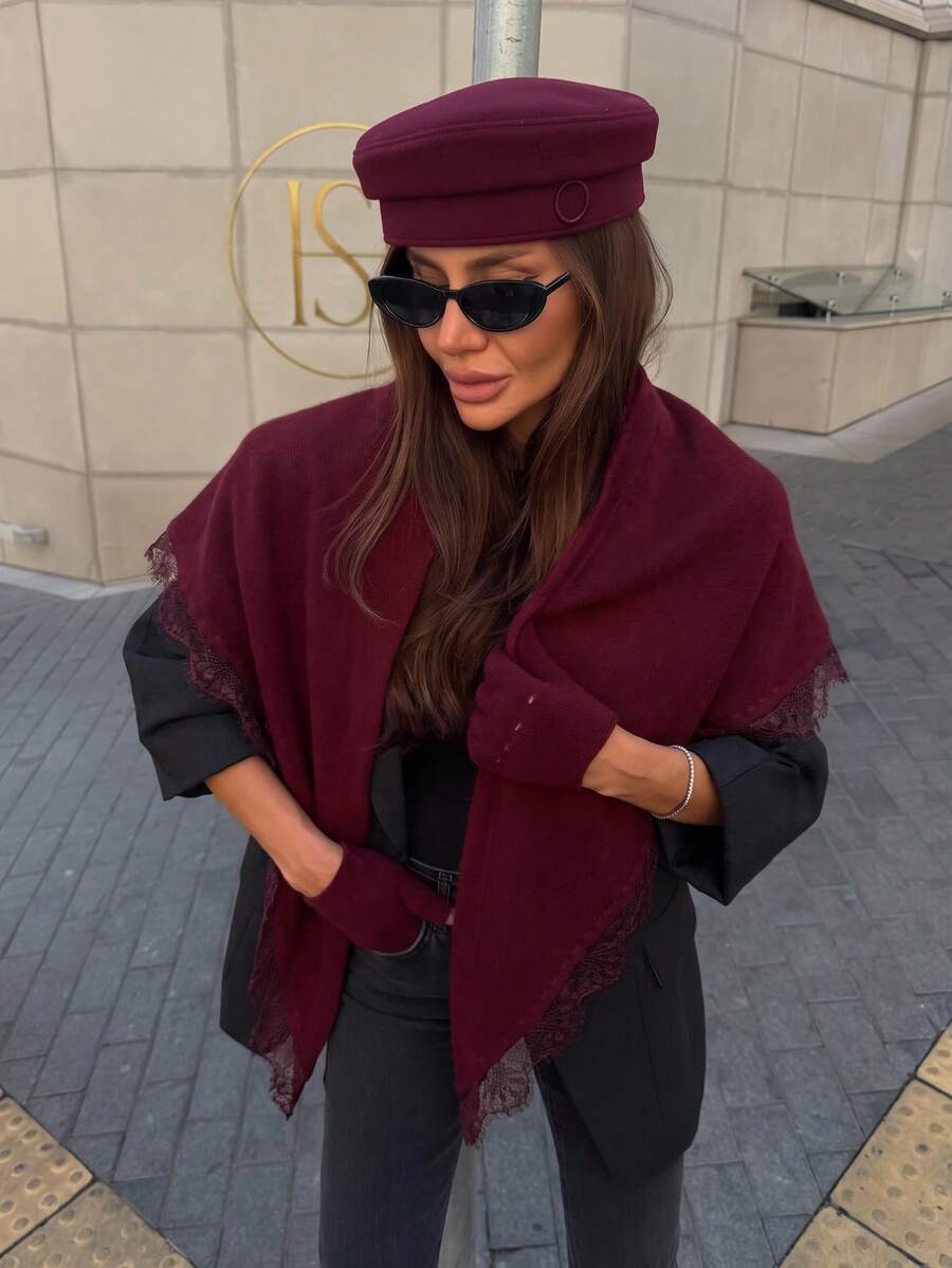 1PC Women's Solid Burgundy Lace Trim Casual Pashmina Triangle Scarf, Campus Fashion Cardigan Cape Shawl, Autumn/Winter Accessory, Suitable For Daily Wear, Christmas Party, Wedding Decor, Holiday Celebration - Multicolor - View 1