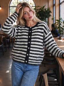Fall Black White Striped Fuzzy Knit Cardigan For Women Round Neck Button Front Long Sleeve Loose Soft Knit Tops Casual Autumn Outfits For Women - Multicolor - View 8