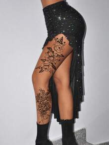 2pcs Black Floral Rose Temporary Tattoo Stickers, Lace Pattern Flower Print Fake Tattoos, Scrollwork Gothic Style Temporary Tattoo Stickers, Waterproof And Sweatproof, Washable, Non-Reflective, Mimics Tattoo Effect On Arms, Legs, Shoulders, Chest, Back, Suitable For Fashion-Forward People, Lasts 3-5 Days - Black - View 6
