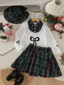 3pcs Girls Vintage Preppy Style Bow Print Patchwork Plaid Polo Collar Top + Pleated Skirt + Bucket Hat Set, Spring/Autumn - Dark Green - View 1
