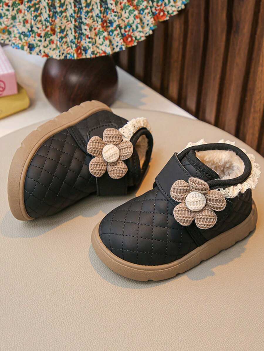 Girls' Winter Princess Boots! Lace Trim + Knitted Floral, Thick Fleece Lining, Heat Retention & Warmth, Hook And Loop Design, Soft Sole Anti-Slip & Comfortable - Black - View 1