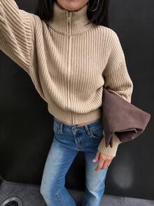 Women's Autumn Ribbed Knit Zip-Up Cardigan Jacket Sweater, Long Sleeve Stand Collar, Comfortable Casual, Suitable For Autumn Layering, Daily Wear, Brunch, Weekend - Khaki - View 3