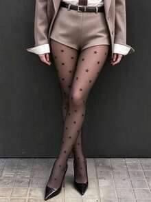1 Pair Small Star Print Tights Sexy Elegant Cute Plus Size High Stretch For Date Night Party - Multicolor - View 4