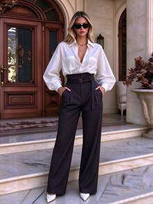 Women's High Waist Pinstripe Wide Leg Long Polyester Pants, Suitable For Autumn Wear - Navy Blue - View 5