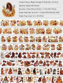 4 Rolls/Box Upgrade Pre-Cut Autumn Cottagecore Theme Washi Tape Set, PET Sticker Rolls, Masking Decorative Tape, Used To Make Scrapbook DIY Handbook Scrap Book Accessories, For Audlt Junk Journal Supplies, Gift Arts And Crafts - one-size - View 4
