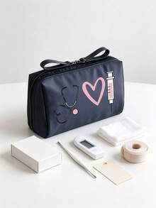 Nurse Themed Portable Medicine Bag, Printed With Stethoscope, Heart, Syringe, Thermometer Patterns, Printed With "She Works Diligently With Her Hands" Text, Compact Pill Storage Box And First Aid Kit, Multi-Functional Medicine Bag, Portable Medical First Aid Kit - Multicolor - View 4