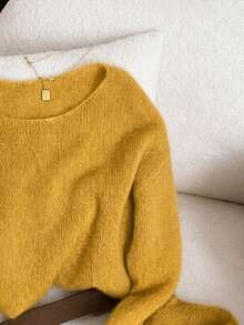 Women's Spring Autumn Off-Shoulder Knit Top Thin Sweater Versatile Fashion - Mustard Yellow - View 6