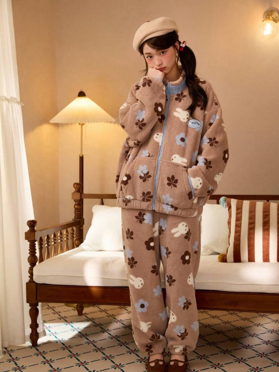 Gongdie MIFFY 2pcs Fleece Women's Pajama Set, Winter Brown Thick Plush Zipper Loungewear With Pockets And Stand Collar - Brown - View 1