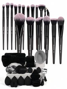 MAANGE 18pcs Professional Makeup Brush Set, Soft Fiber Material, Includes Foundation Brush, Eyeshadow Brush, Powder Brush, Concealer Brush, Contour Brush, Blending Brush, Eyebrow Brush, Complete Makeup Tool Kit, Travel Essential, Perfect Gift - Black - View 4