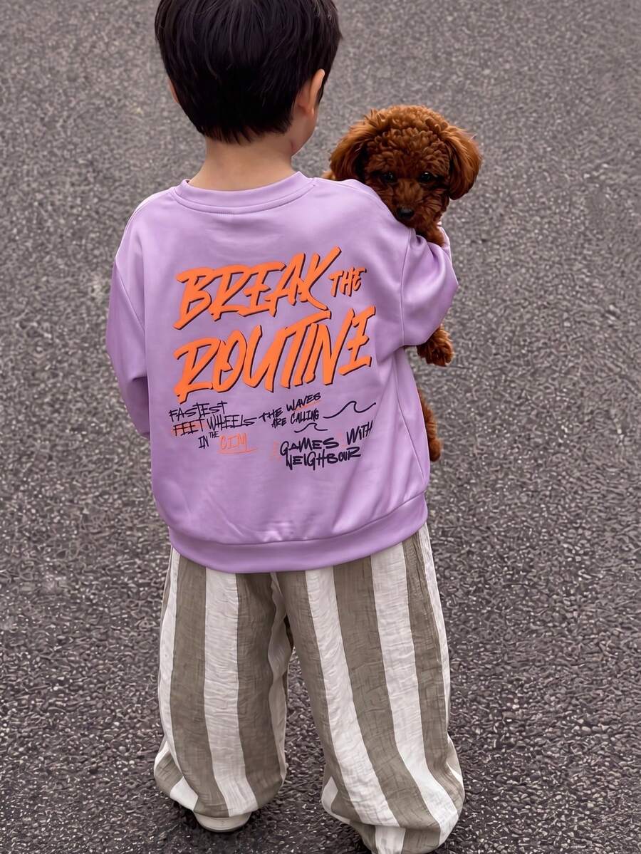 1pc Boys BREAK THE ROUTINE Graffiti Letter Crew Neck Sweatshirt, Taro Purple American Street Style Loose Fit Kids Big Kids Spring Autumn Pullover - Purple - View 1