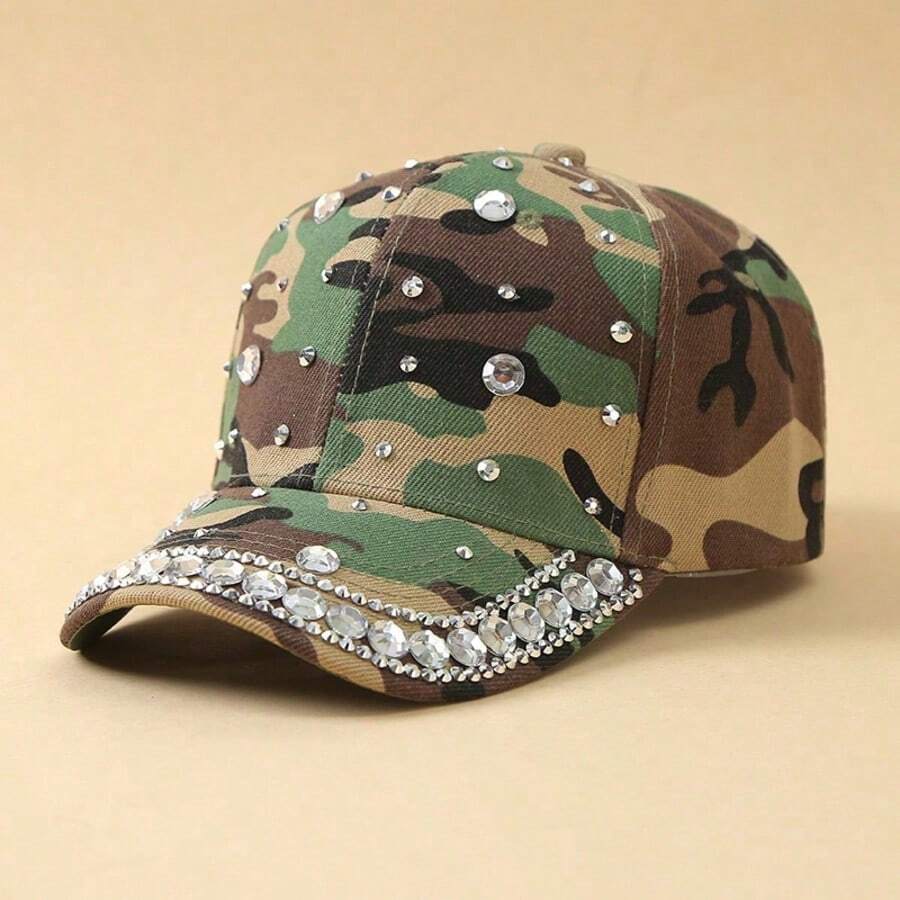 Camouflage Print Rhinestone Decorated Baseball Cap Adjustable Fashion Sun Hat For Women - Camouflage Baseball Cap - View 1