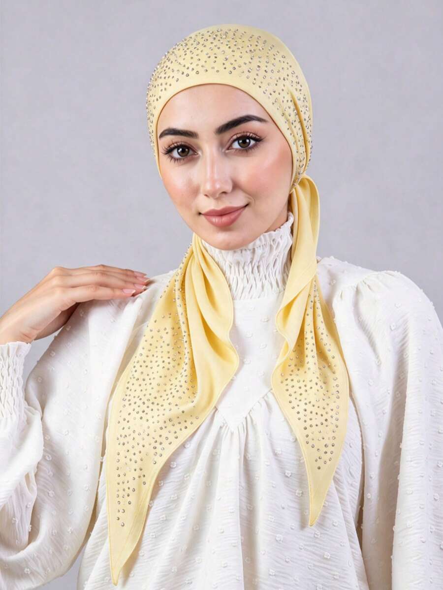 1pc Instant Triangle Hijab One-Piece Tie-Up Rhinestone Triangular Headscarf. Quick Wrap, Non-Slip. No Underscarf Or Folding Required. Suitable For Daily Wear, Prayer And Travel - Multicolor - View 1