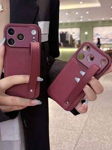 奢華荔枝紋人造皮革腕帶式手機殼 棕色，適用於 iPhone 18 ProMax 18 Pro 18 17 16 15 14 13 Pro Max，優雅柔軟背殼，適合女性 - 酒紅色素皮 - 查看 4