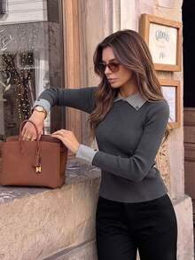 كنزة صوفية محبوكة بألوان متباينة وياقة للنساء، أنيقة ومضلعة بقصة ضيقة وأكمام طويلة، طبقة أساسية، موديل جديد لخريف 2026 المبكر - رمادي - مشاهدة 3