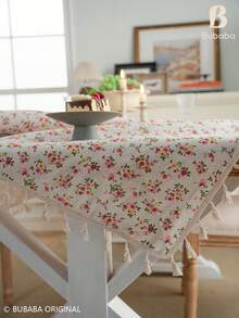 Vintage Ditsy Floral Tassel Tablecloth, Rectangular Table Cover, Pastoral Style Pink Ditsy Floral Tablecloth, For Dining Table, Kitchen Home Decor - Multicolor - View 10